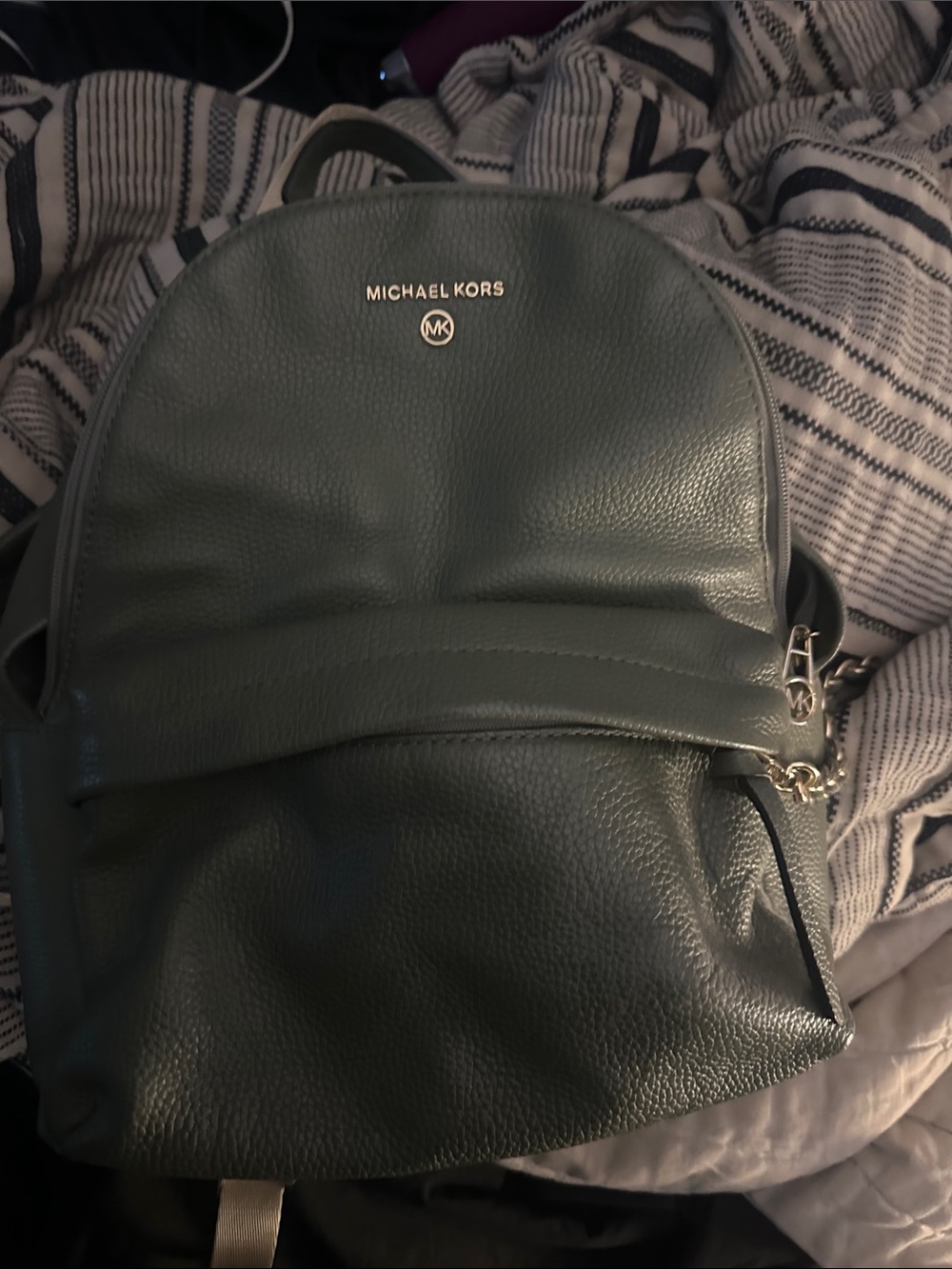 Michael Kors Dark Green Pebbled Leather Backpack with Gold Hardware